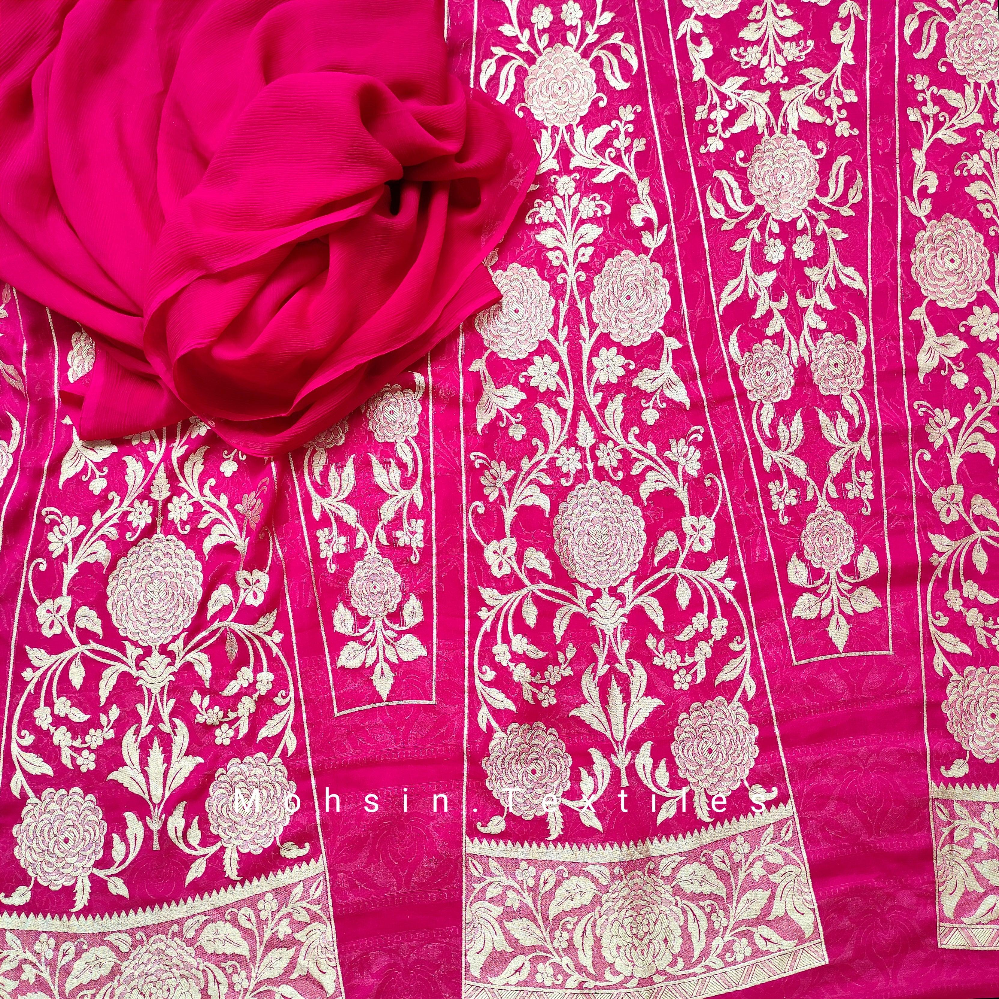 Banarasi Khaddi Chiffon Lahenga Pure Silk with Border Patches (Full Kalli 18 Pcs.) Red Lahenga / Red Dupatta - Mohsin Textiles