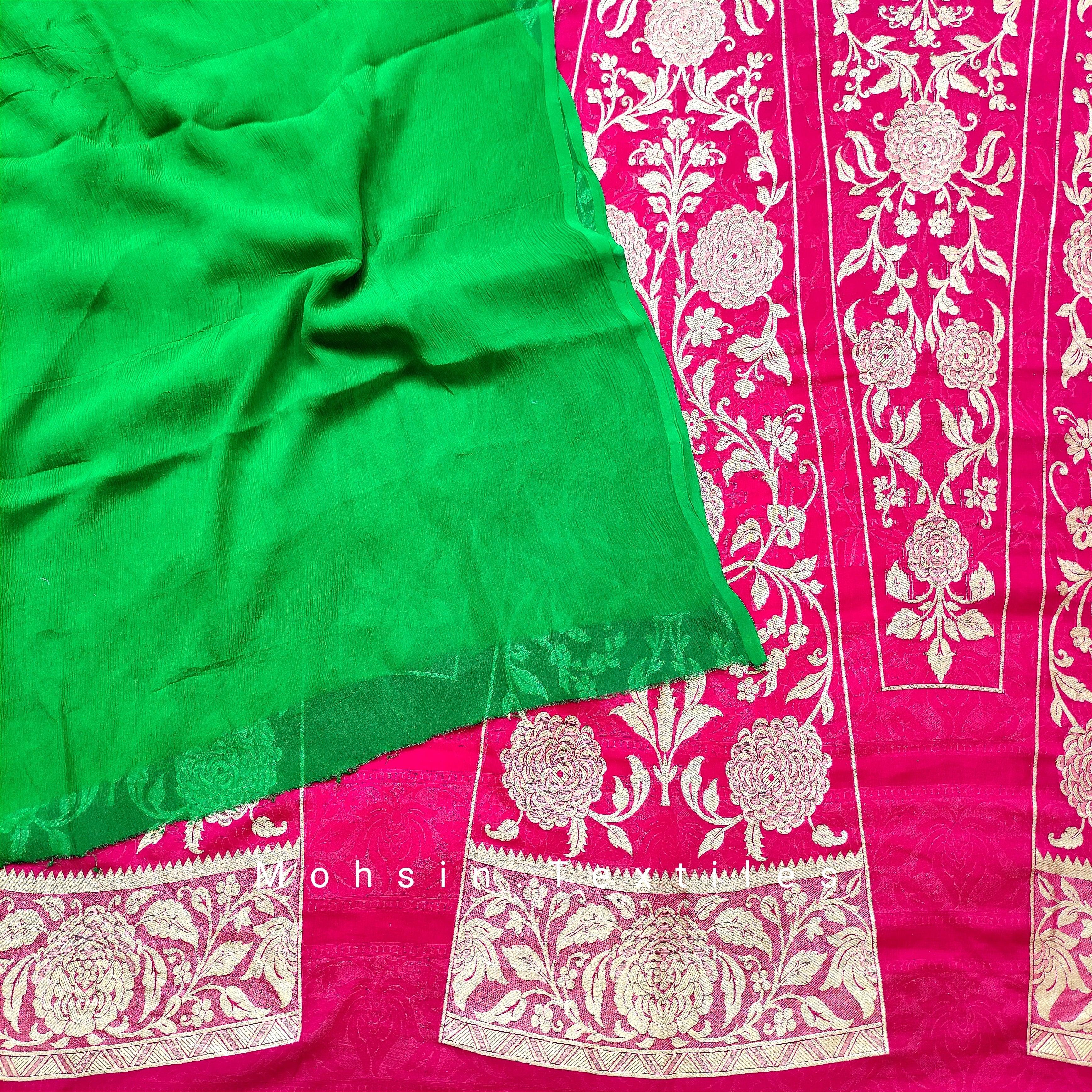 Banarasi Khaddi Chiffon Lahenga Pure Silk with Border Patches (Full Kalli 18 Pcs.) Red Lahenga / Green Dupatta - Mohsin Textiles