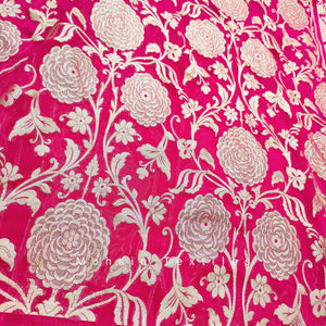 Banarasi Khaddi Chiffon Lahenga Pure Silk with Border Patches (Full Kalli 18 Pcs.) Red Lahenga / Green Dupatta - Mohsin Textiles