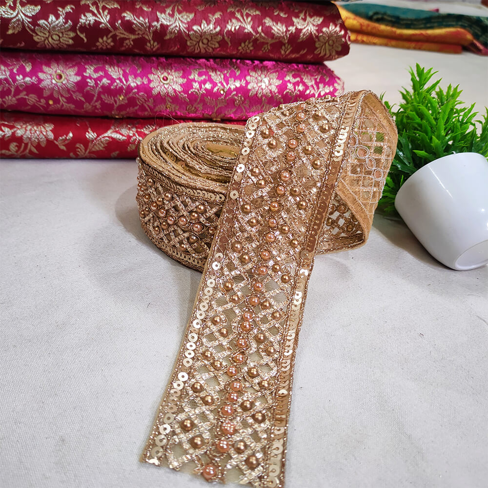 Fancy Sequence Work Rose Gold Border Lace – Mohsin Textiles