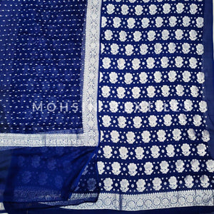 Banarasi Khaddi Chiffon Suit Pure Silk Dress (Silver-Flower) Nevi - Mohsin Textiles