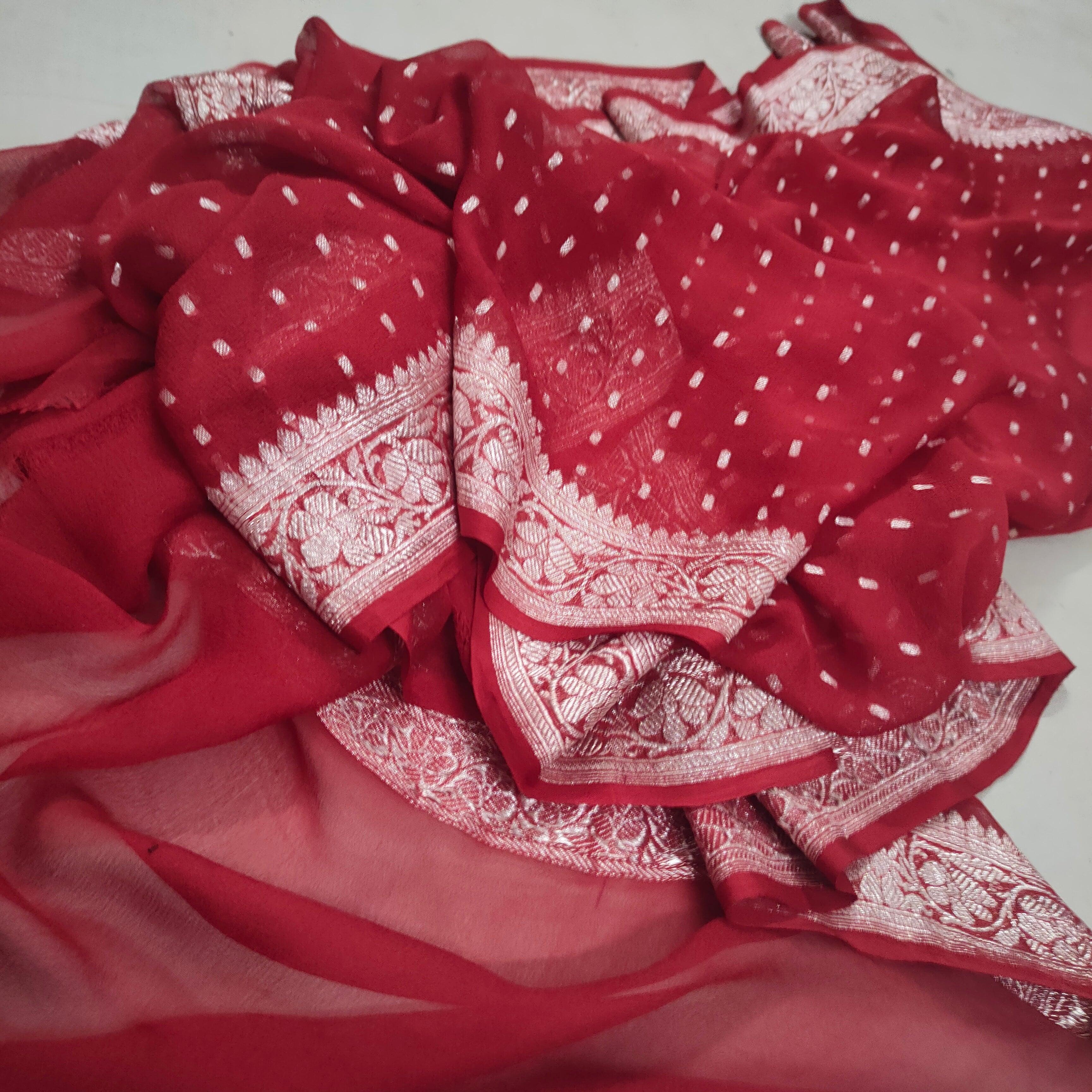 Handwoven Pure banarasi Khaddi Chiffon Dupatta (Chunri Buti -Silver) Red - Mohsin Textiles