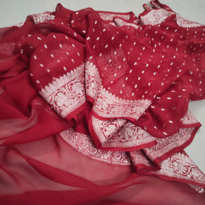 Handwoven Pure banarasi Khaddi Chiffon Dupatta (Chunri Buti -Silver) Red - Mohsin Textiles