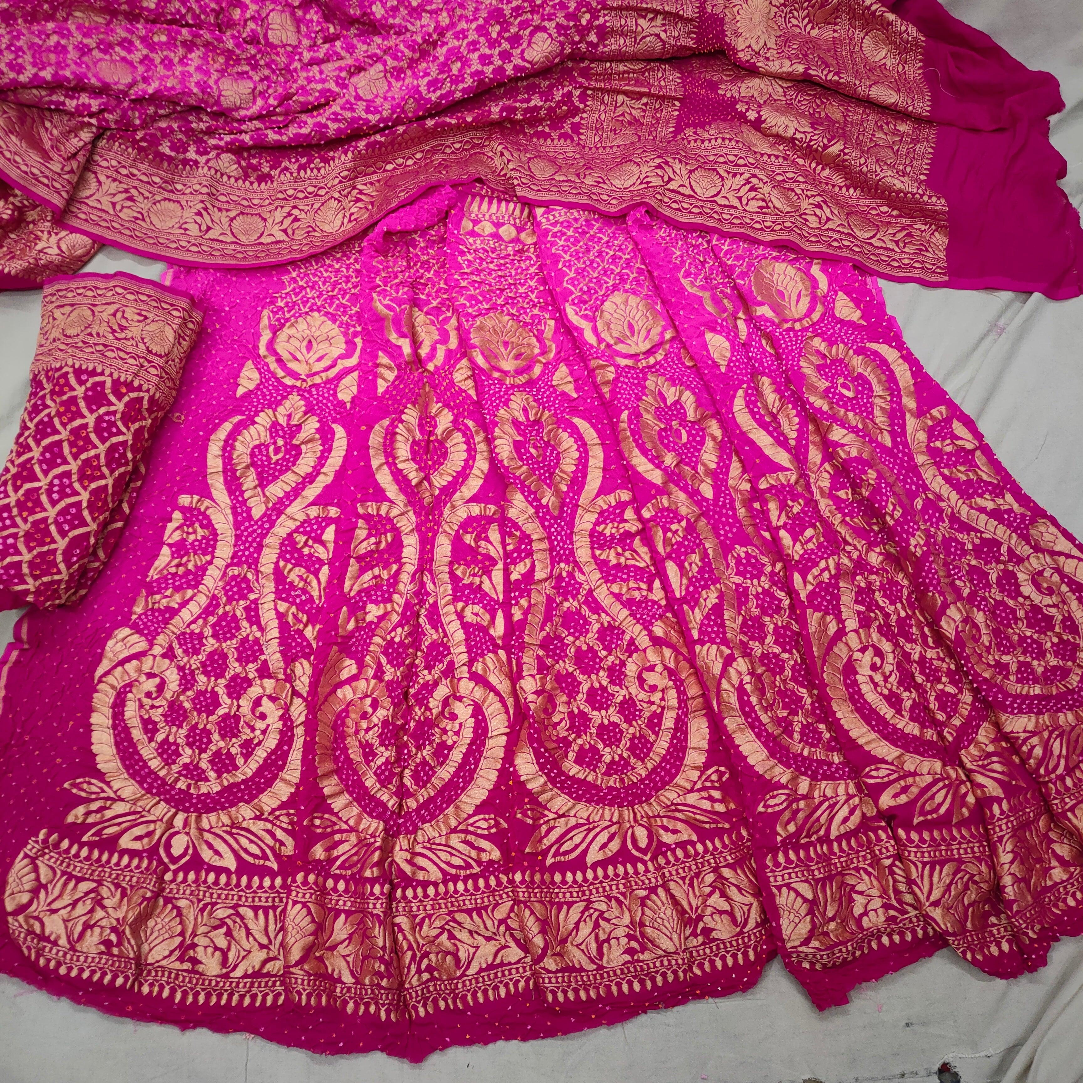 Banarasi Khaddi Chiffon Lahenga Pure Silk with Bandhni work (Full Kalli 12 Pcs.) Dark &light pink Lahenga / Dark & Light pink Dupatta - Mohsin Textiles
