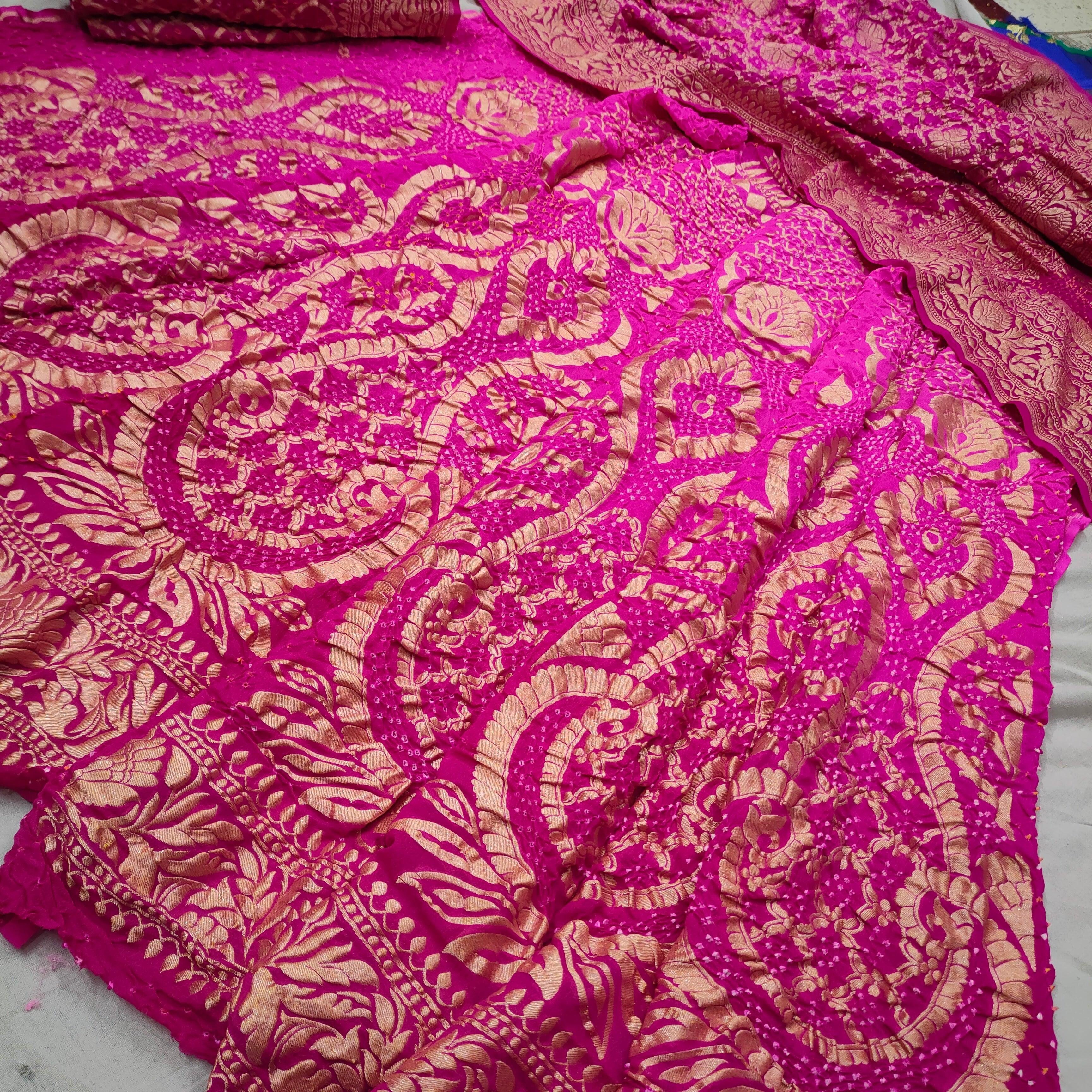 Banarasi Khaddi Chiffon Lahenga Pure Silk with Bandhni work (Full Kalli 12 Pcs.) Dark &light pink Lahenga / Dark & Light pink Dupatta - Mohsin Textiles