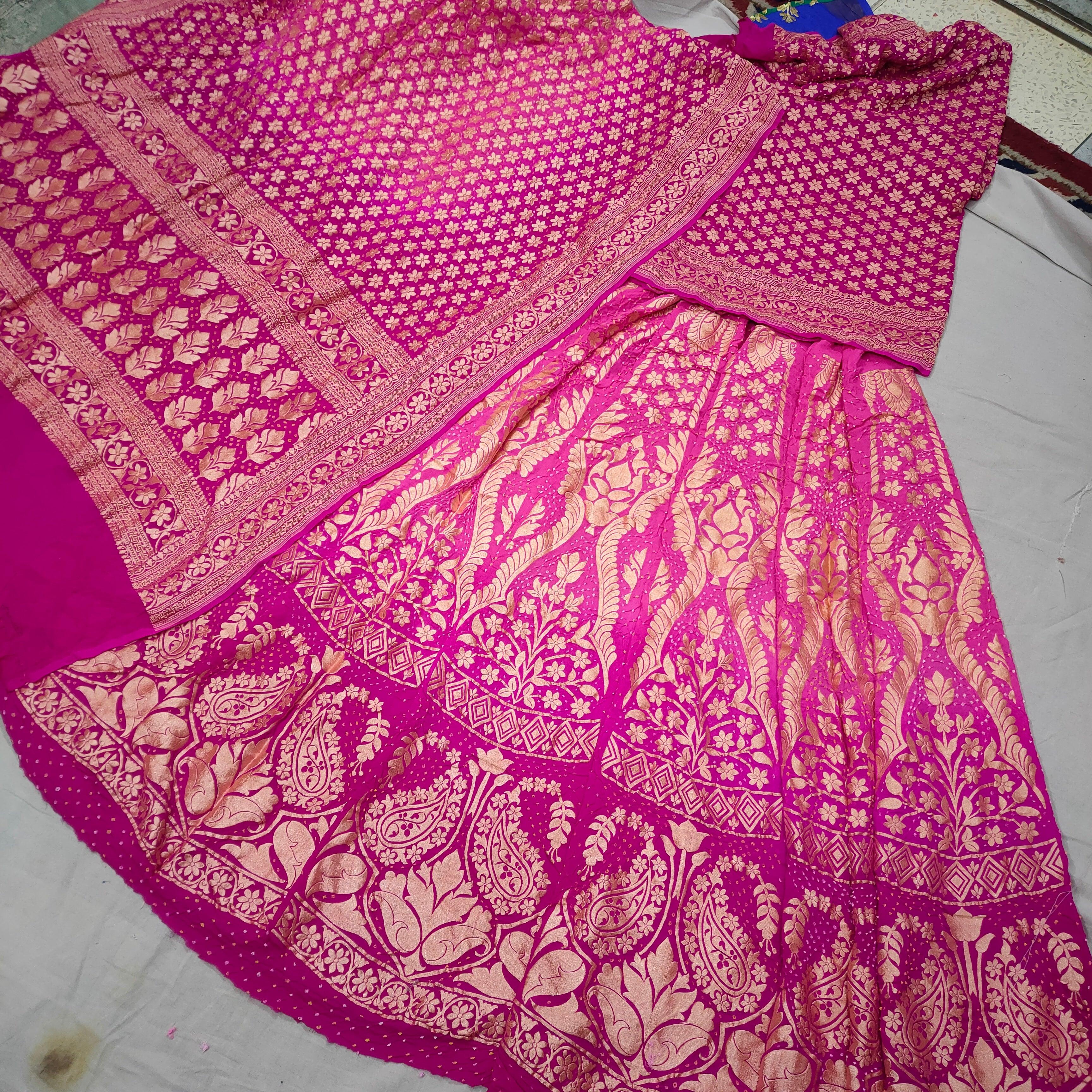 Banarasi Khaddi Chiffon Lahenga Pure Silk with Bandhni (Full Kalli 12 Pcs.) Baby Pink-Rani Lahenga / Baby pink-Rani Dupatta - Mohsin Textiles