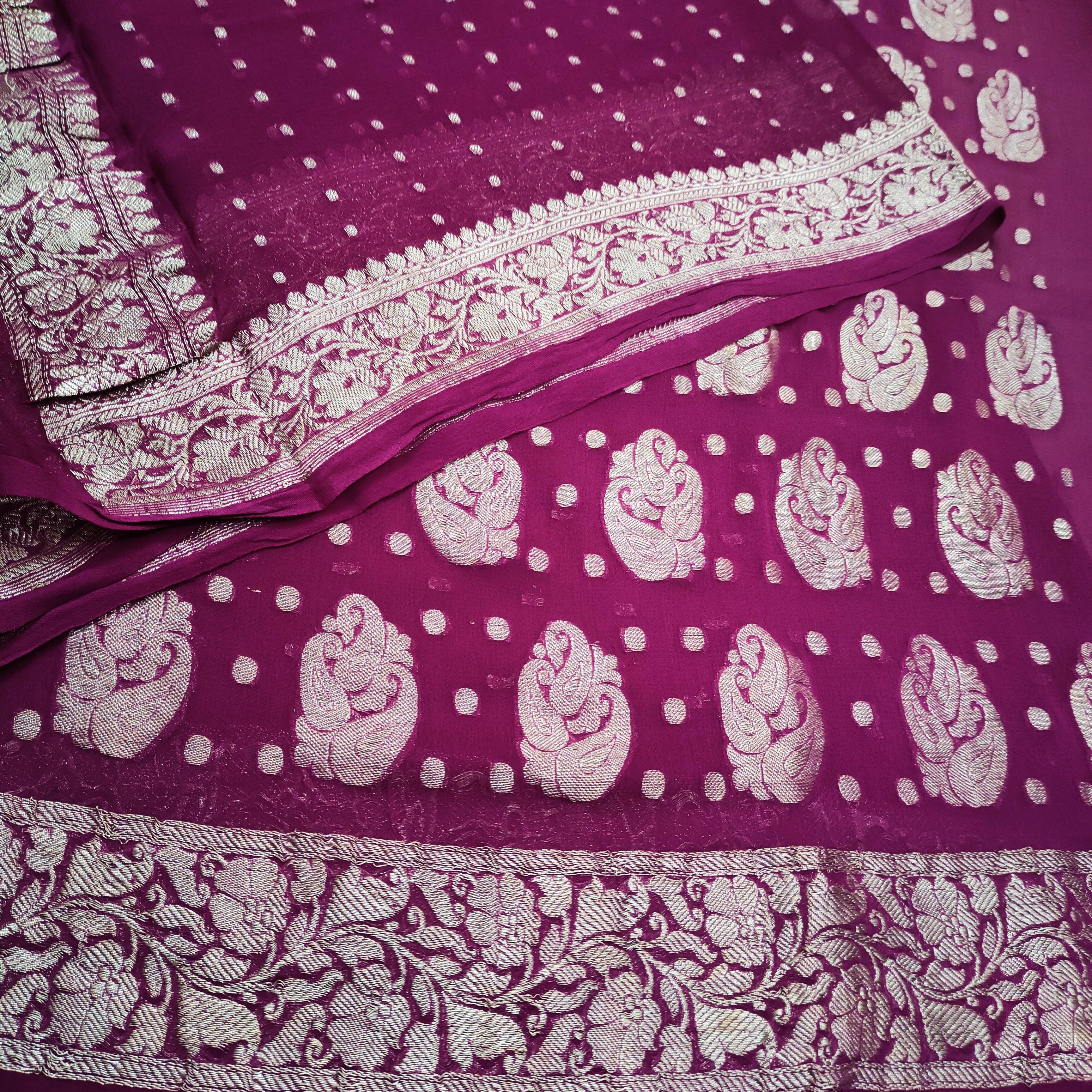 Banarasi Khaddi Chiffon Suit Pure Silk Dress (Silver-Triple Carry) Margenta - Mohsin Textiles