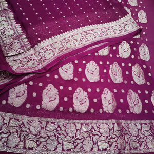 Banarasi Khaddi Chiffon Suit Pure Silk Dress (Silver-Triple Carry) Margenta - Mohsin Textiles