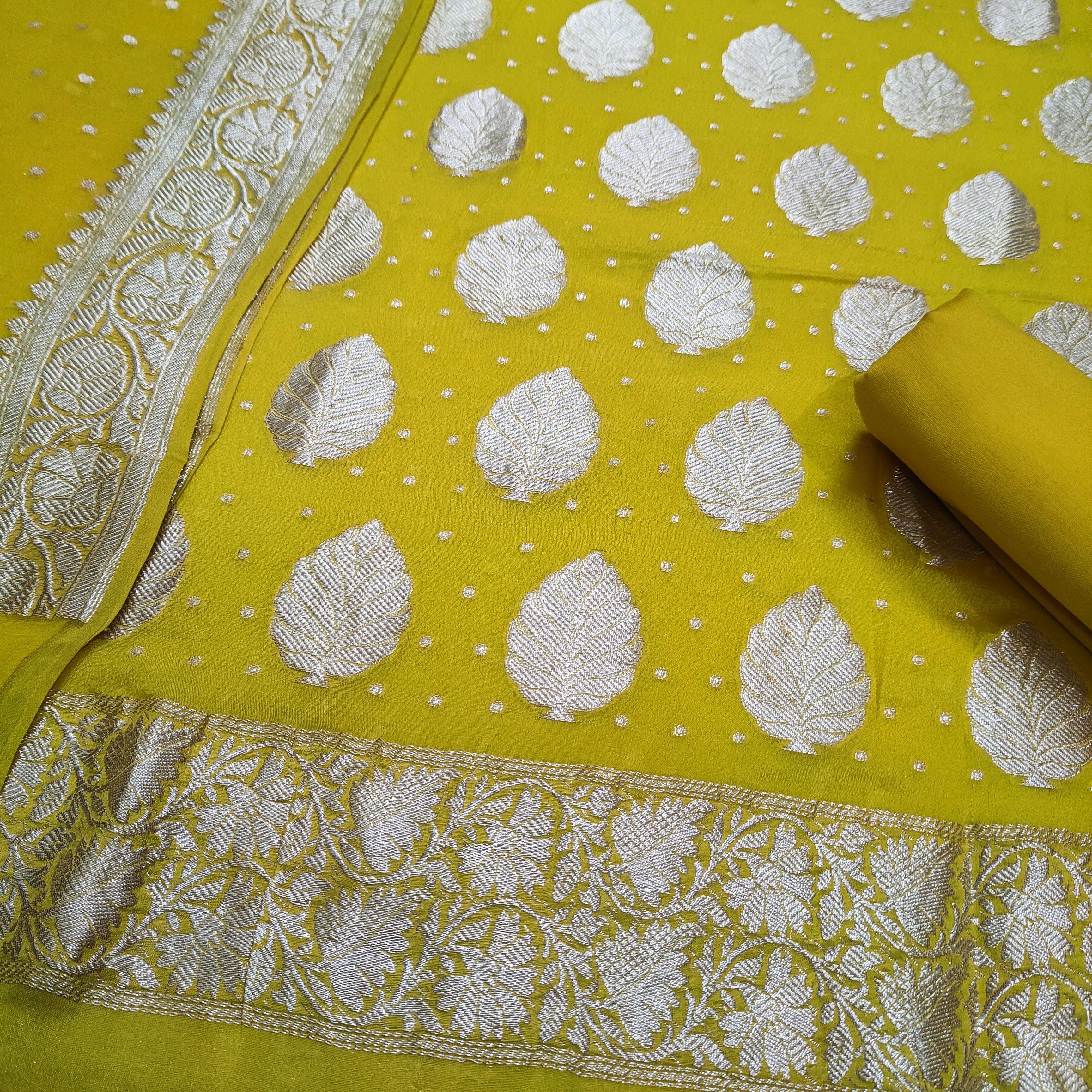 Banarasi Khaddi Chiffon Suit Pure Silk Dress (Silver-Patti) Lemon 🍋 - Mohsin Textiles