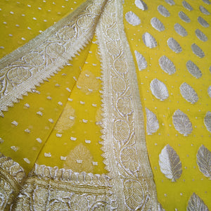Banarasi Khaddi Chiffon Suit Pure Silk Dress (Silver-Patti) Lemon š - Mohsin Textiles
