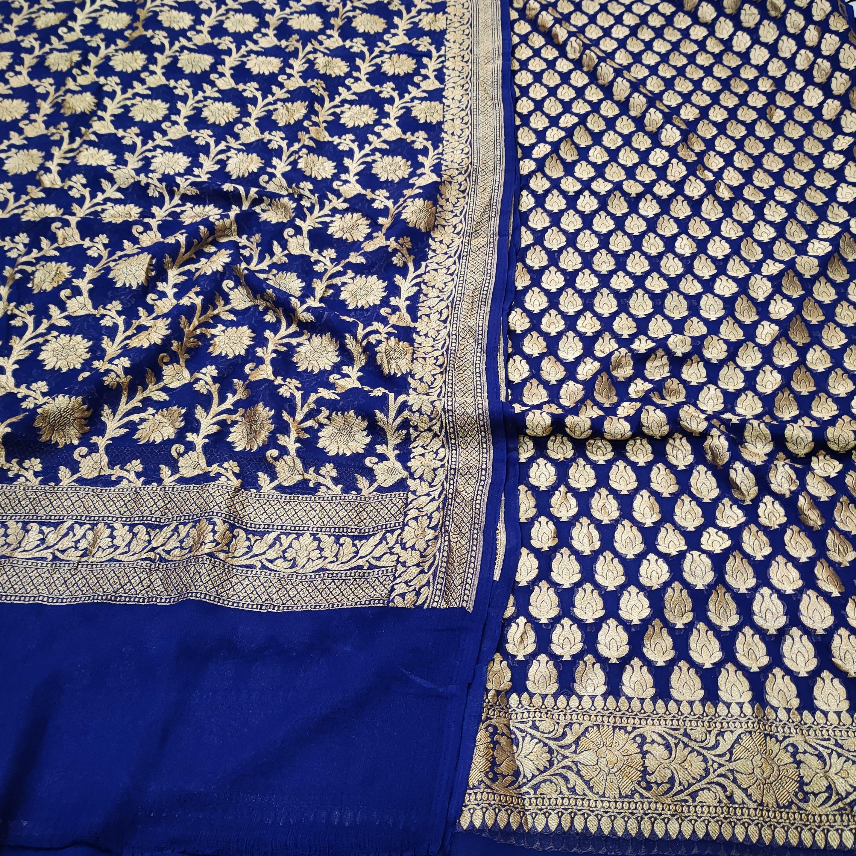 Pure Khaddi Chiffon Handloom Silk Suit Salwar Kameez (Minara buti - Royal Blue) Unstitched - Mohsin Textiles