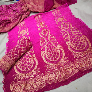Banarasi Khaddi Chiffon Lahenga Pure Silk with Bandhni work (Full Kalli 12 Pcs.) Dark &light pink Lahenga / Dark & Light pink Dupatta - Mohsin Textiles