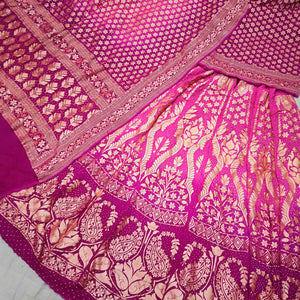 Banarasi Khaddi Chiffon Lahenga Pure Silk with Bandhni (Full Kalli 12 Pcs.) Baby Pink-Rani Lahenga / Baby pink-Rani Dupatta - Mohsin Textiles