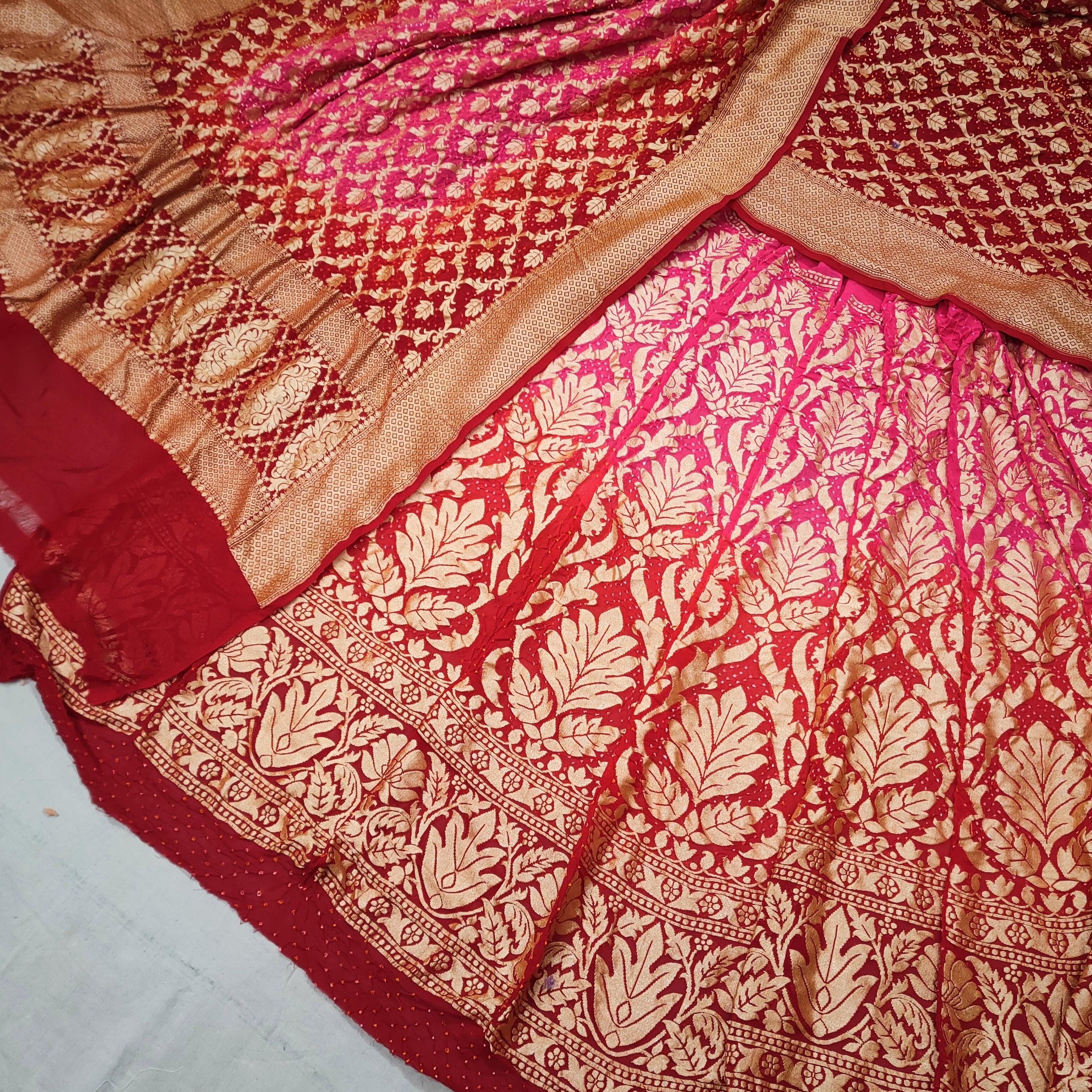 Banarasi Khaddi Chiffon Lahenga Pure Silk with Bandhni (Full Kalli 12 Pcs.) Red-Pink Lahenga / Red-Pink Dupatta - Mohsin Textiles