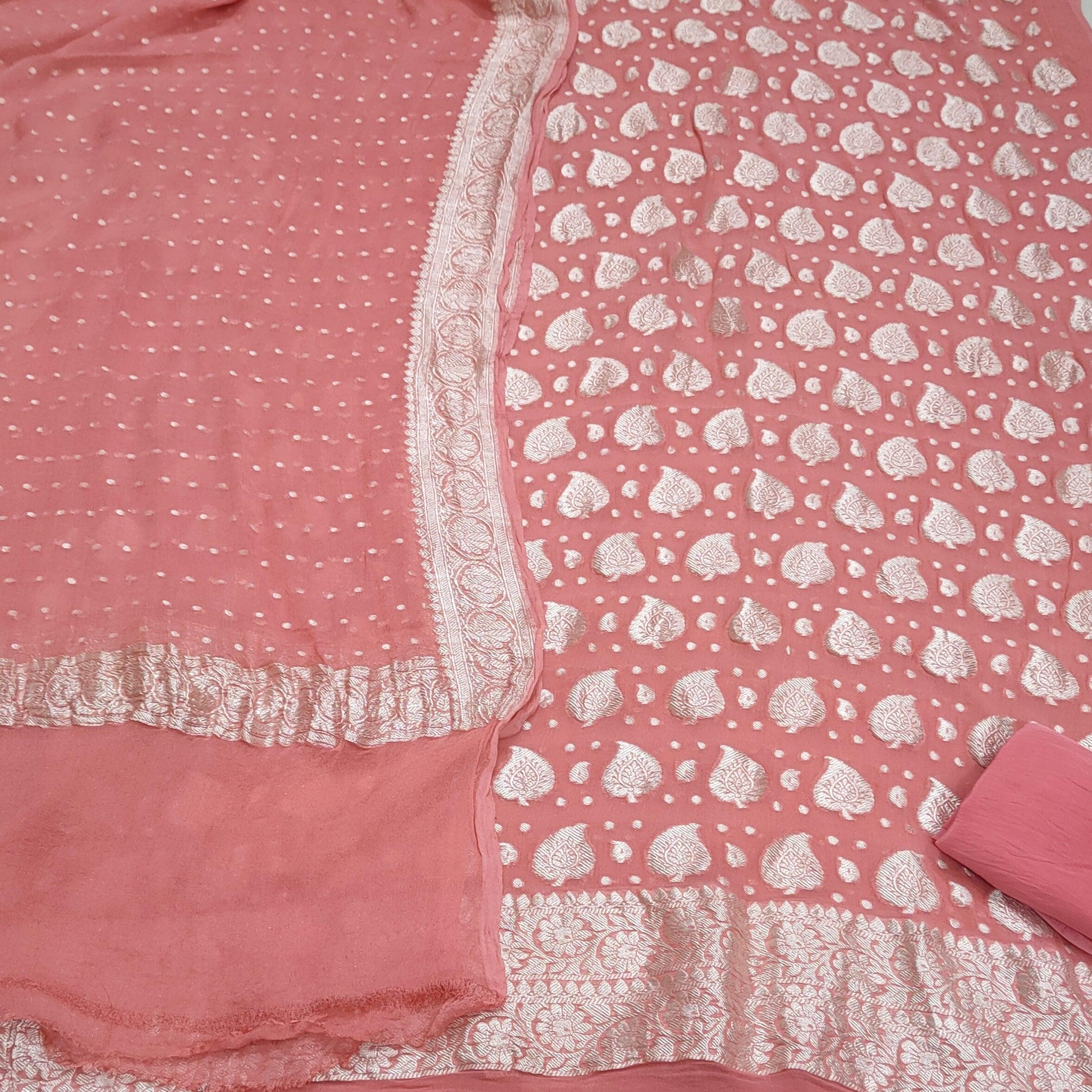 Pure Khaddi Chiffon Banarasi Suit With Zari Work. Best For Wedding, Party, Function