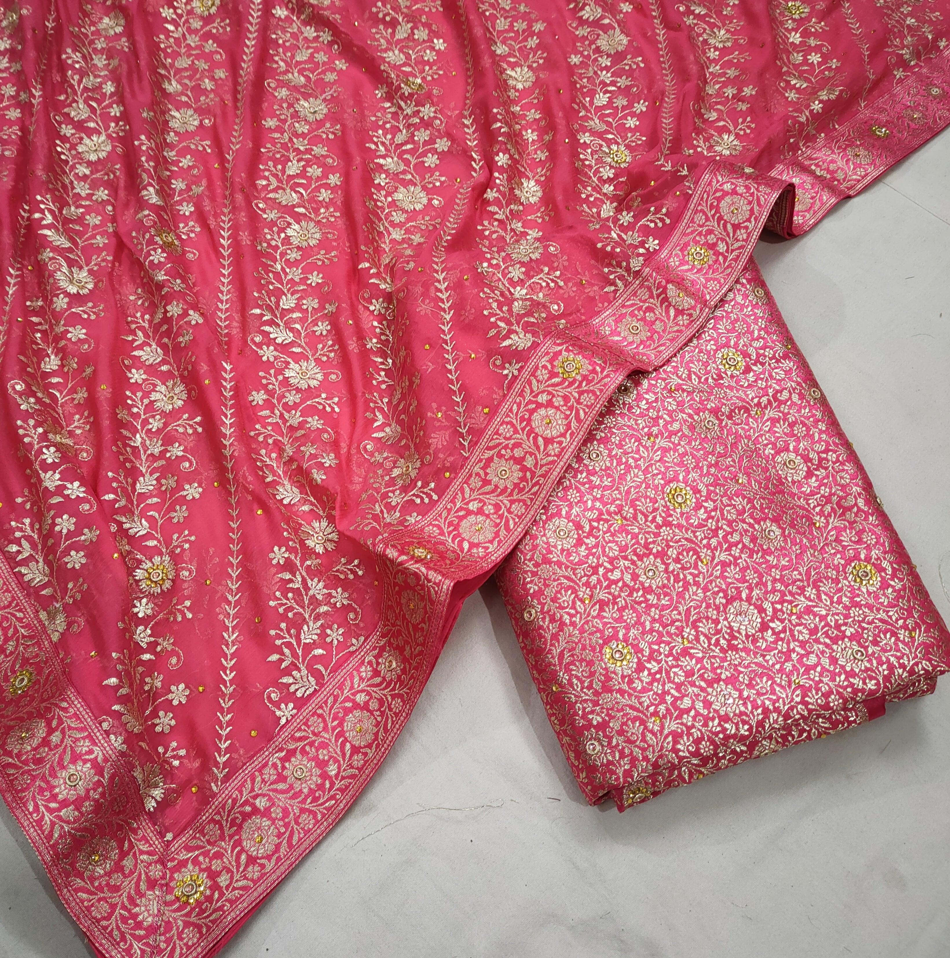Banarasi Pure Silk Kimkhab Garara / Lahenga / Sharara with Hand Stone (Mini Jaal) Pinkish Peach - Mohsin Textiles