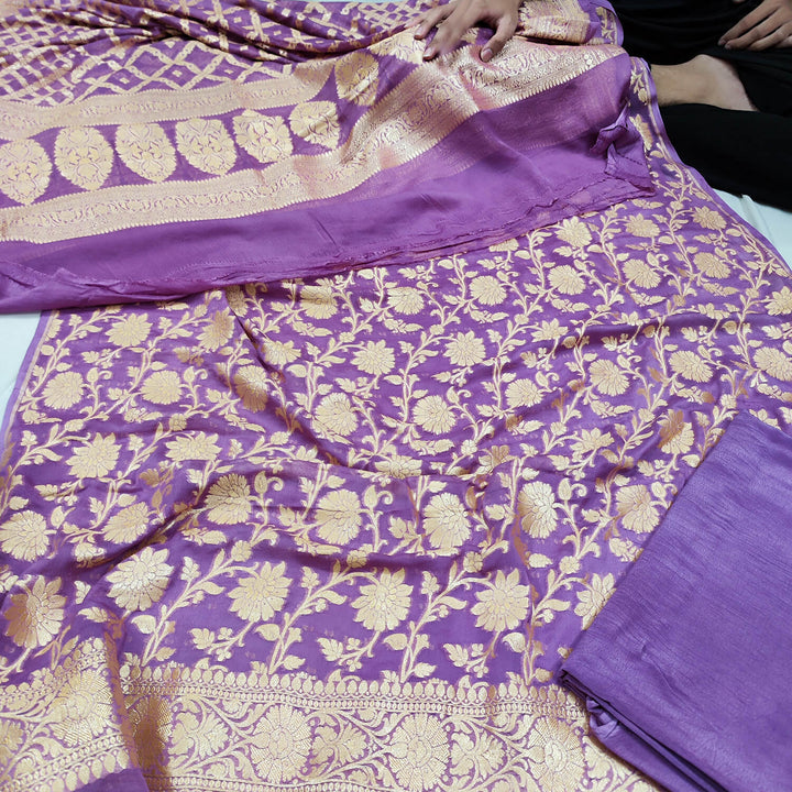 Mauve Pure Khaddi Georgette Silk Banarasi Suit