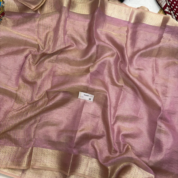 Baby Pink Crushed Zari Border Tissue Silk Banarasi Saree