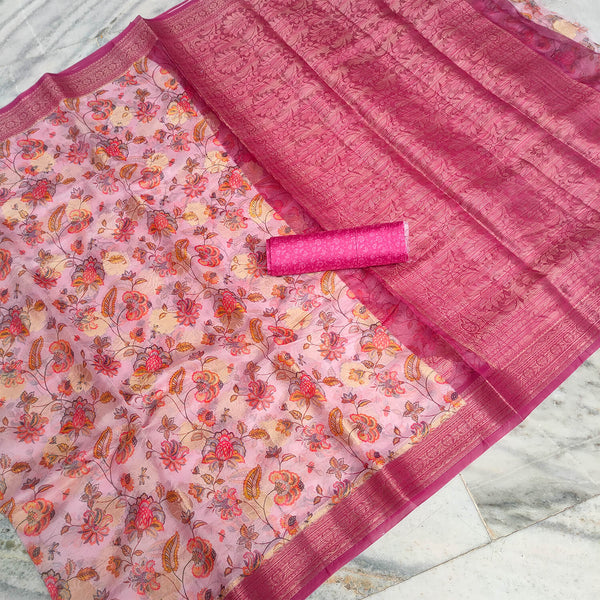Baby Pink Digital Print Organza Silk Banarasi Saree