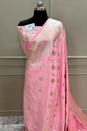 Baby Pink Golden Zari Katan Silk Banarasi Saree