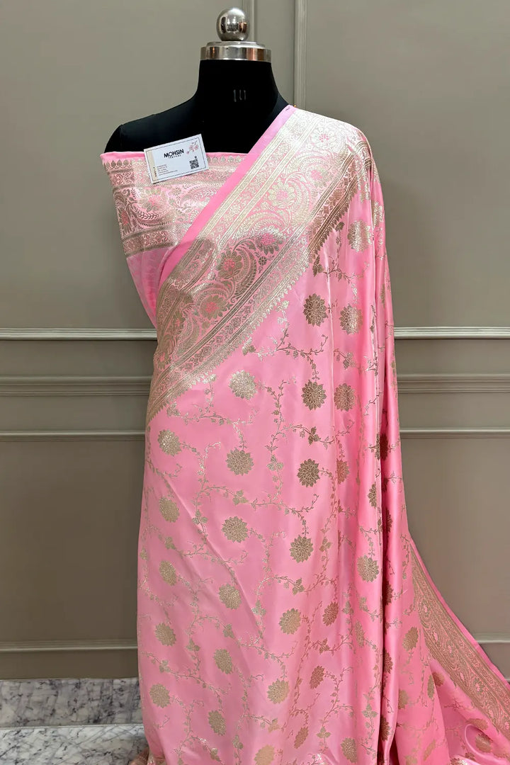 Baby Pink Golden Zari Katan Silk Banarasi Saree