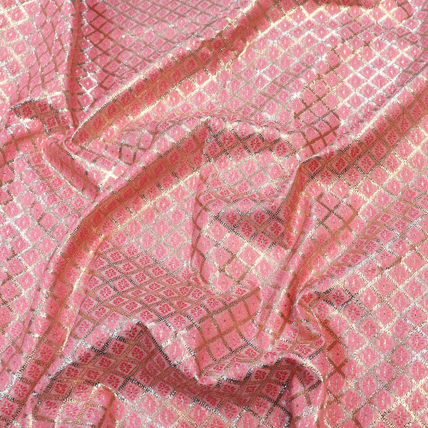 Baby Pink Lorex and Resham Weaved Shimmer Silk Fabric