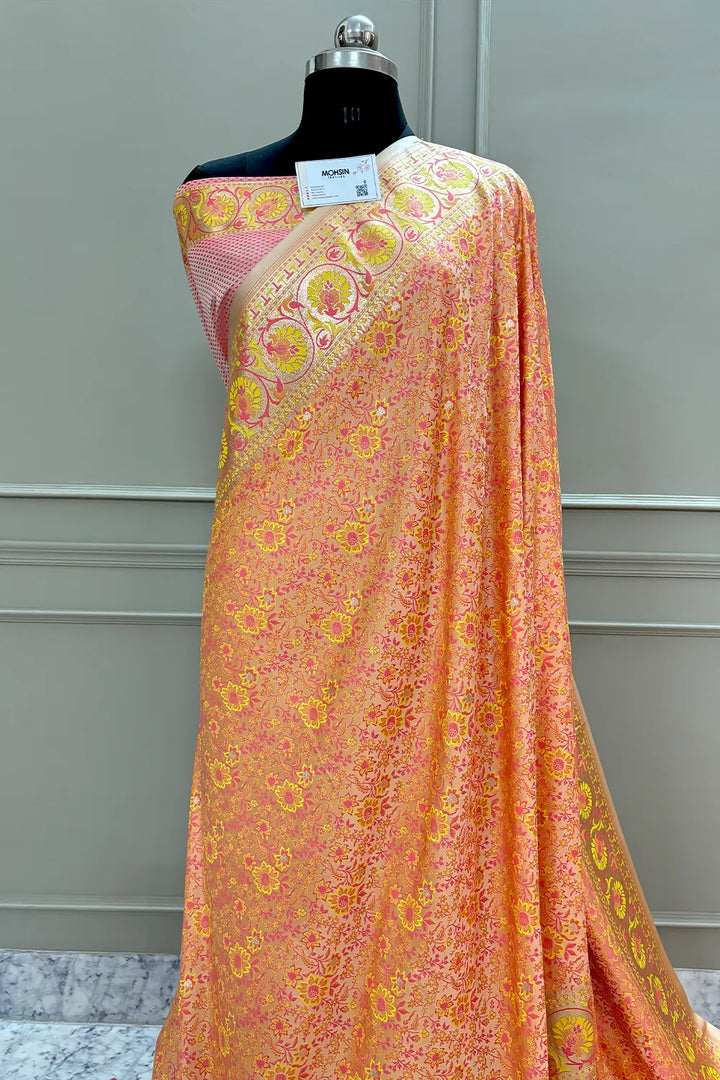 Baby Pink and Peach Jungle Fool Katan Silk Banarasi Saree