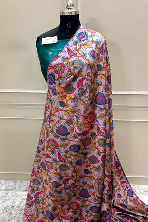 Baby Pink and Teal Printed Silk Saree