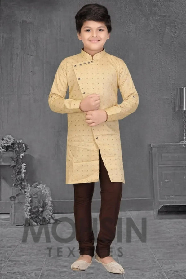 Beige Dot Print Cotton Silk Boys Kurta Pajama