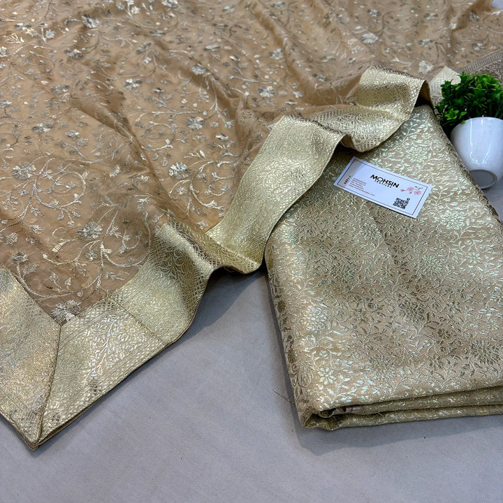 Beige Golden Zari Kimkhab Silk Banarasi Gharara