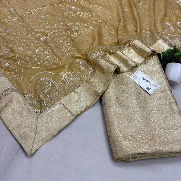 Beige Golden Zari Kimkhab Silk Banarasi Gharara