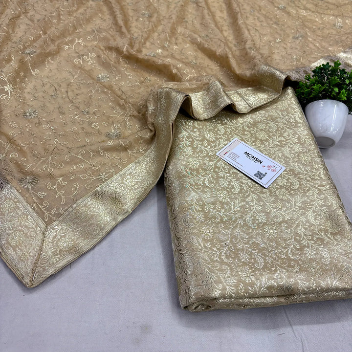 Beige Golden Zari Kimkhab Silk Banarasi Gharara