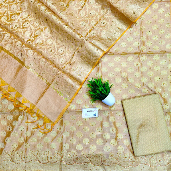 Beige Golden Zari Stone Work Banarasi Silk Suit