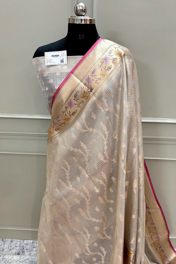 Beige Golden Zari Tissue Silk Banarasi Saree