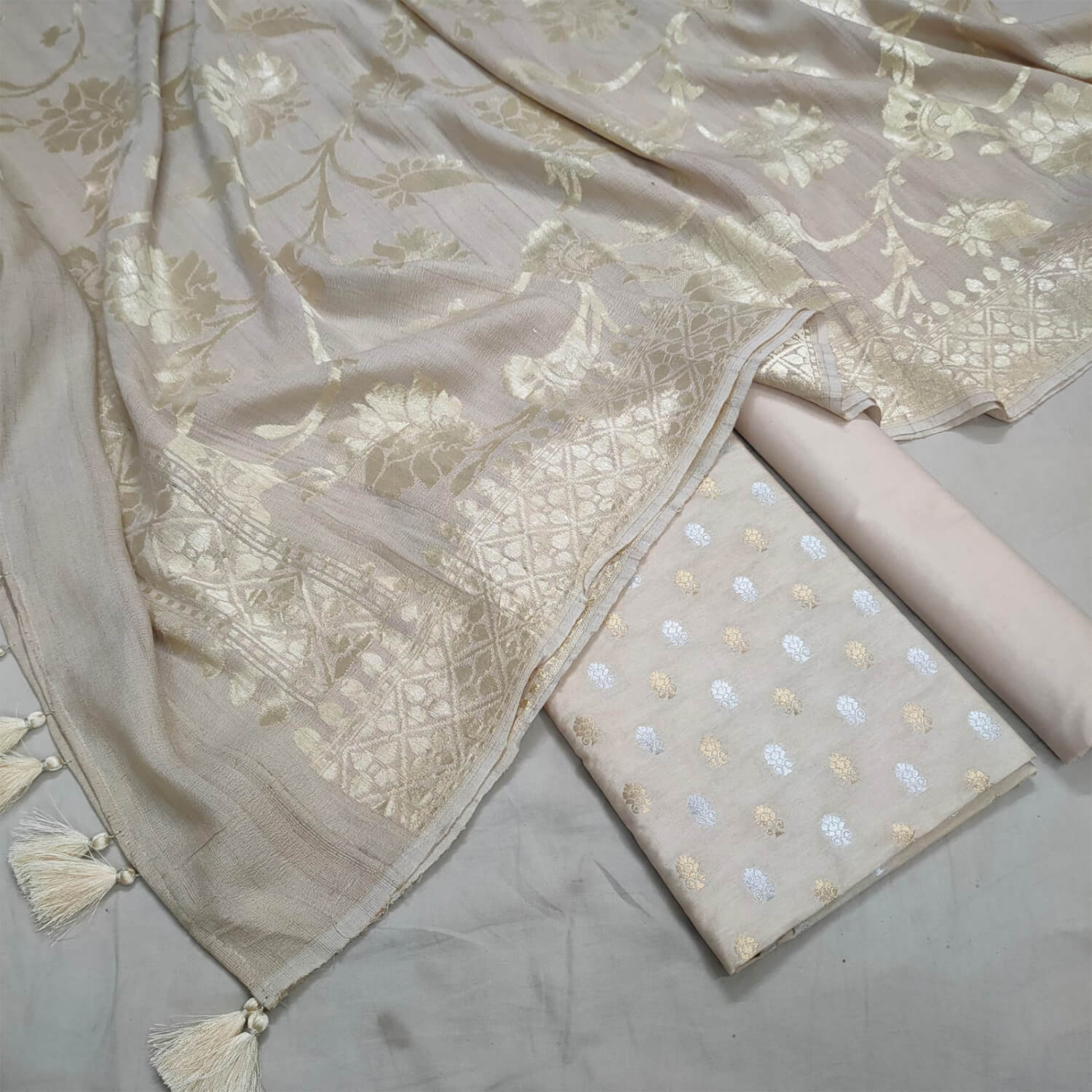 Beige Sona Rupa Katan Banarasi Suit With Tussar Dupatta – Mohsin Textiles