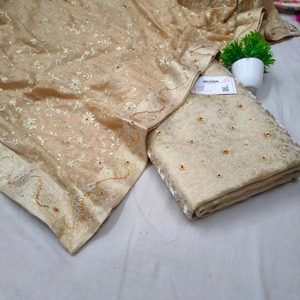 Beige Stone Work Kimkhab Silk Banarasi Gharara