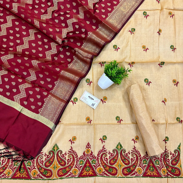 Beige and Maroon Embroidery Work Tussar Silk Salwar Suit