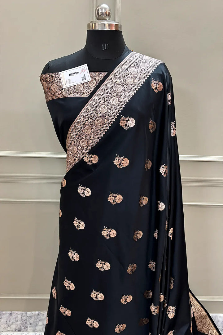 Black Golden Flower Katan Silk Banarasi Saree