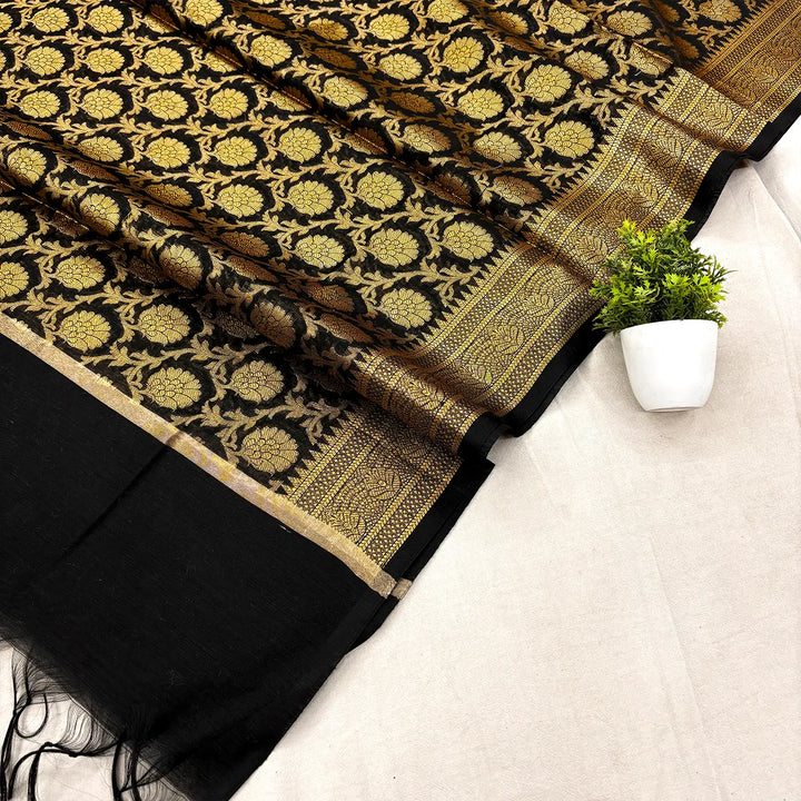 Black Golden Zari Banarasi Silk Dupatta