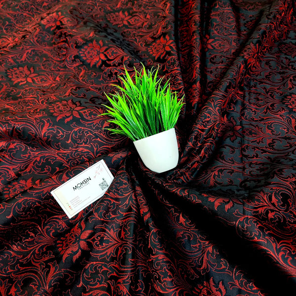 Black Red Brocade Katan Silk Banarasi Fabric