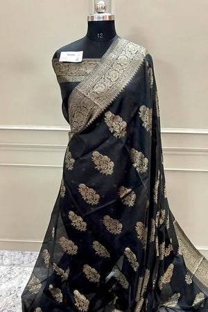 Black Resham Zari Cotton Silk Banarasi Saree