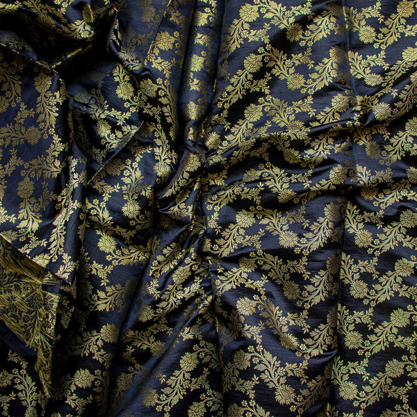 Black Stripe Golden Zari Satin Silk Fabric