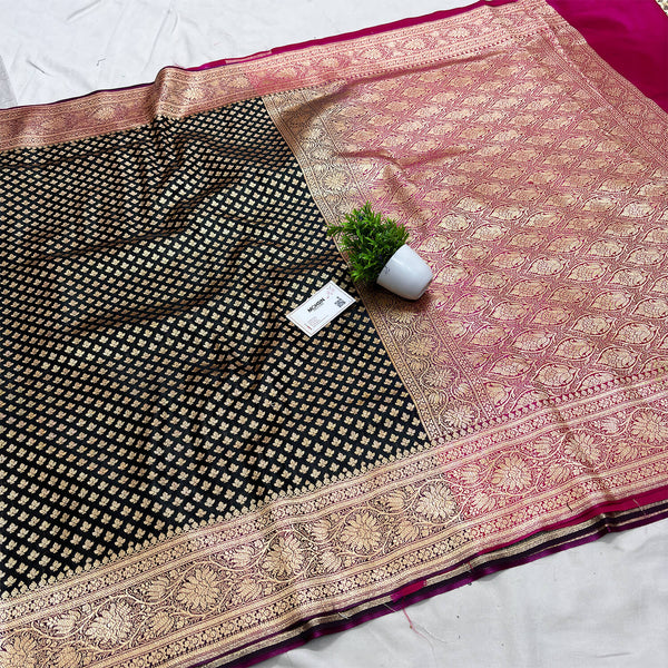 Black and Pink Golden Zari Katan Silk Banarasi Saree