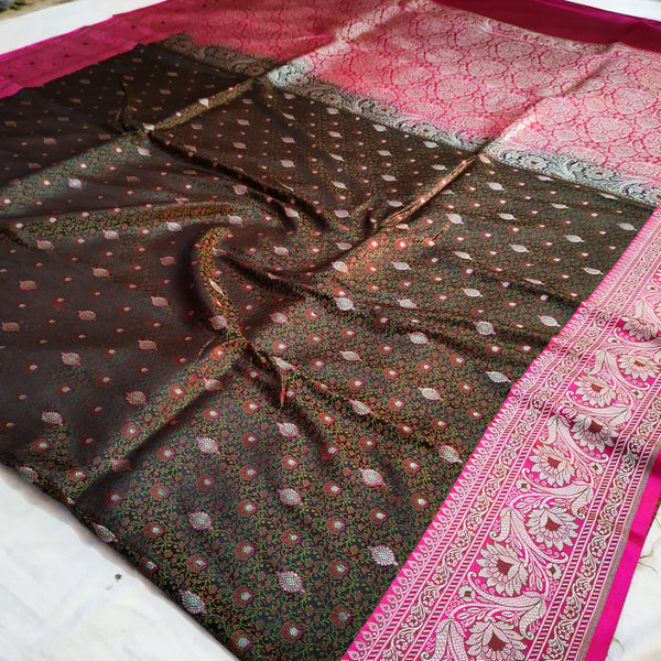 Black and Pink Jamewar Katan Silk Banarasi Saree