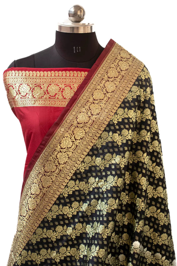 Black and Red Handloom Crepe Silk Banarasi Saree
