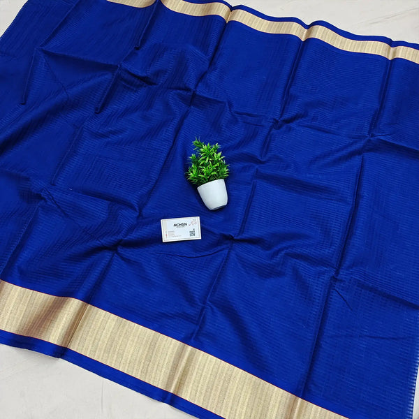Blue Moonga Check Plain Banarasi Silk Saree