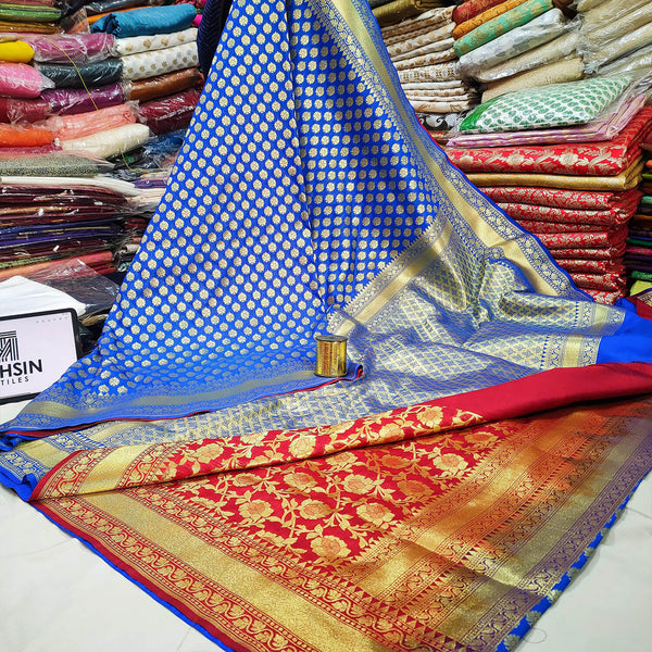 Blue and Red Handloom Crepe Banarasi Saree