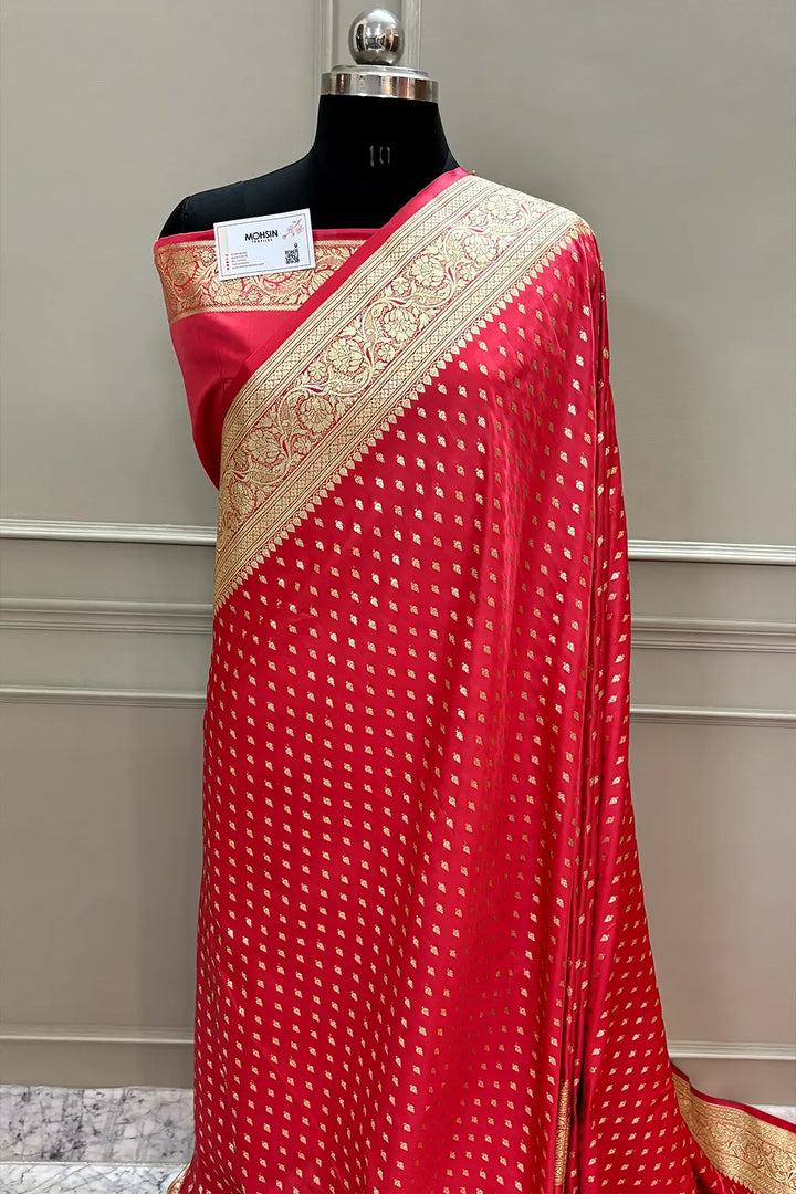 Strawberry Pink Golden Zari Katan Silk Banarasi Saree