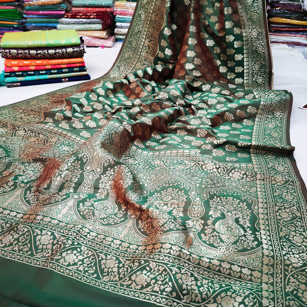 Bottle Green Dhoop Chaon Satin Silk Banarasi Saree