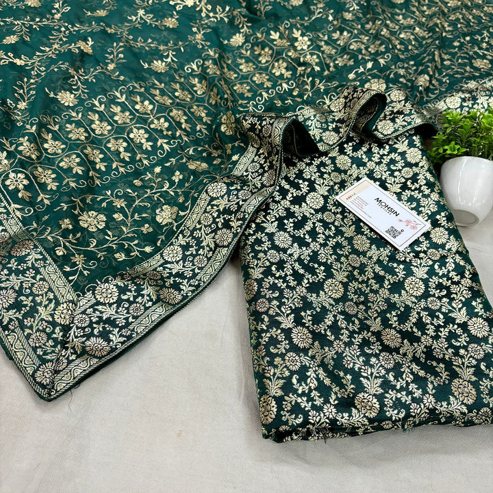 Bottle Green Golden Zari Kimkhab Silk Banarasi Gharara